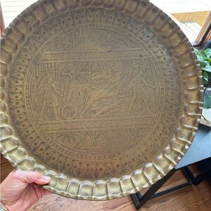 Vintage Large Round Egyptian Brass Tray, Etched Brass Wall Hanging Tray GORG